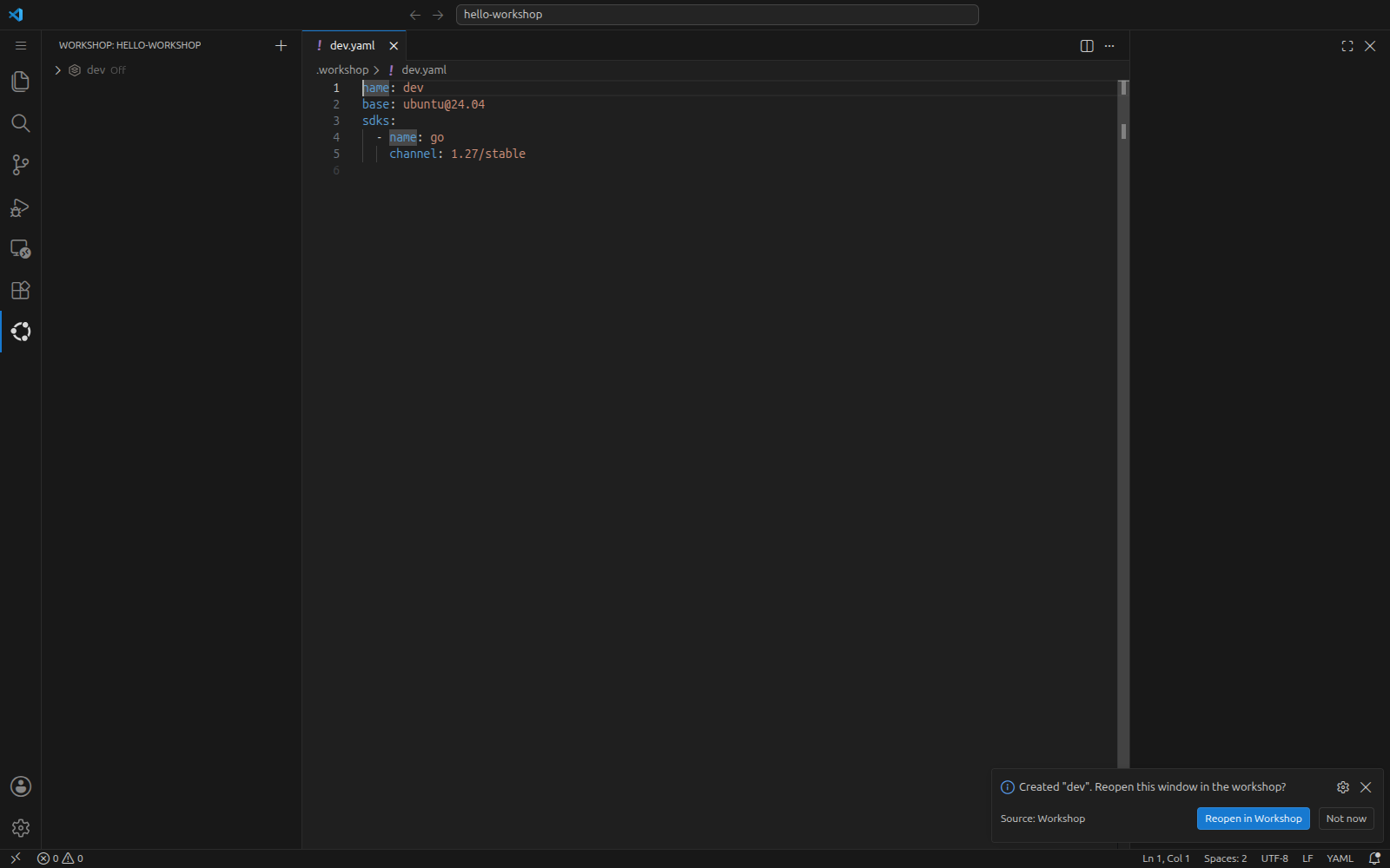 VS Code showing the generated .workshop/dev.yaml definition and a notification reading Created "dev". Reopen this window in the workshop?